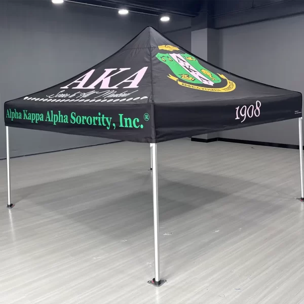 CUSTOM BLACK AKA POPUP TENT WITH PINK AND GREEN WRITING