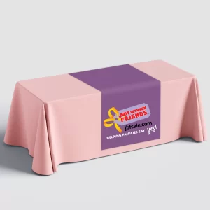 Purple just between friends table runner on a coral table cloth
