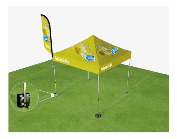 Tent highlighting a sandbag on the leg