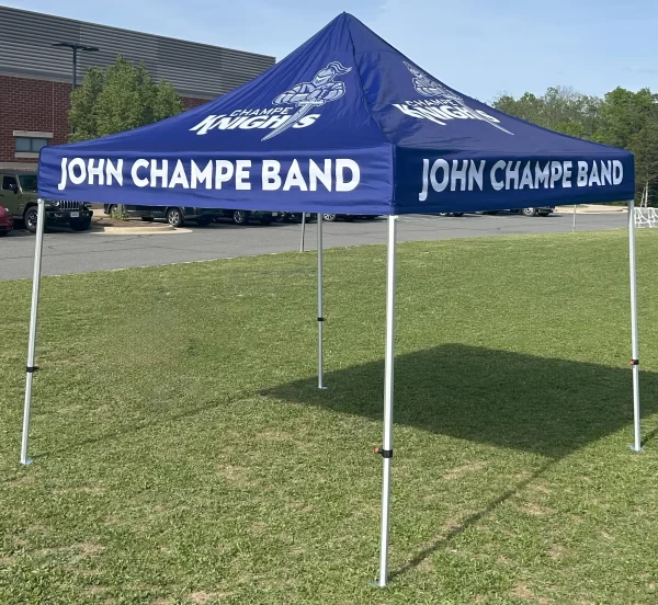 BLUE CUSTOM TENT WITH WHITE WRITING AND LOGO