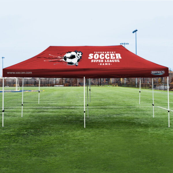 RED TENT WITH SOCCER BALL ON ROOF