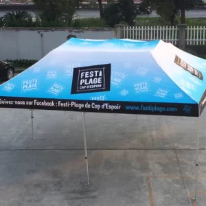 BLUE AND WHITE 20X20 TENT WITH BLACK VALANCE