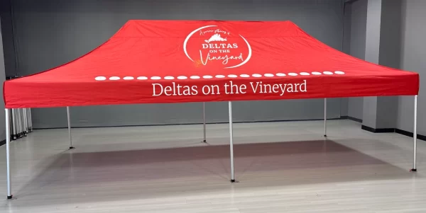 RED TENT WITH LOGO AND PEARLS
