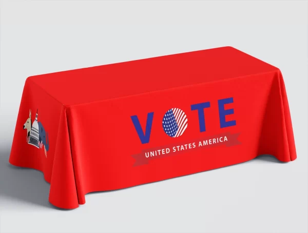 RED TABLECLOTH WITH VOTE ON THE FRONT