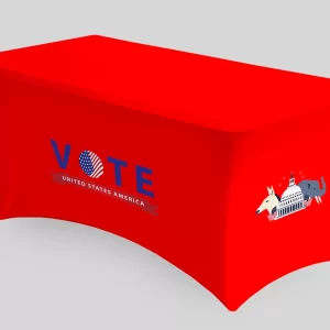 RED STRETCH TABLECLOTH WITH VOTE ON THE FRONT