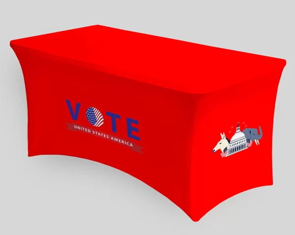 RED STRETCH TABLECLOTH WITH VOTE ON THE FRONT