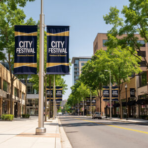 City lamp pole banners lining a sunny downtown festival street