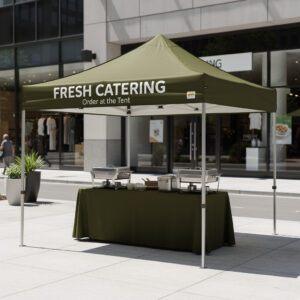 Custom catering tent on a modern city street in summer