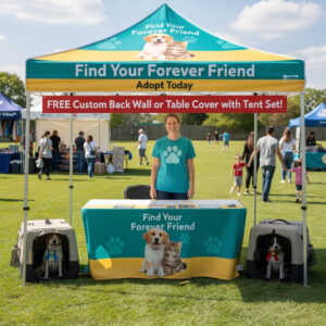 Custom adoption fair tent at outdoor pet rescue event
